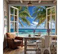 Mural De Pared Decor 200x140cm - Art Papel Tapiz Fotográfico Ventanas De Madera Palmeras Playa Papel Pintado Estilo Fresco Y Realista Pared Sala Cuarto Póster Azul Mural Para Sala Estar Dormitorio