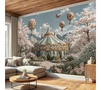Mural De Pared Decor 300x210cm - Art Papel Tapiz Fotográfico Globo Aerostático Carpa De Circo Flores Papel Pintado Estilo Europeo Retro De Cuento De Hadas Pared Sala Cuarto Póster Rosa Claro Mural