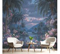 Mural De Pared Decor 350x256cm - Art Papel Tapiz Fotográfico Palmeras Flamencos Flores Marinas Papel Pintado Paisaje Tropical Pared Sala Cuarto Póster Púrpura Mural Para Sala Estar Dormitorio