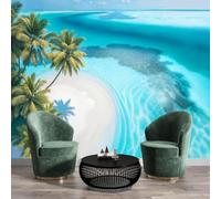 Mural De Pared Panorámico Palmeras De Coco Playa Mar - 250x175cm Xxl Papel Pintado Seda Decoración De Pared Decorativos Murales Fotográfico Estilo Isla Tropical, Azul Celeste