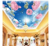 Mural de techo autoadhesivo en 3D con flores, cielo azul y nubes blancas, ideal para la decoración del techo de la sala de estar y el dormitorio