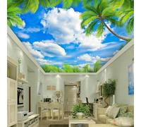 Mural de techo autoadhesivo en 3D con hojas verdes, cielo azul y nubes blancas, ideal para la decoración del techo de la sala de estar y el dormitorio
