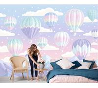 Mural Panorámico Papel, Tapiz Púrpura Paisaje De Estilo dibujos animados Globo aerostático sobre la montaña nevada. Decoración De Pared Arte De Seda para Mueble Papel Pared Salon Cocina 350x256cm