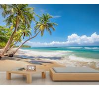 Murales de pared de playa de verano, mural grande de océano azul, papel tapiz de palmeras tropicales para dormitorio, papel tapiz de playa oceánica - 250x175cm (no autoadhesivo)