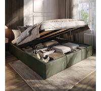 Muralo Cama Tapizada con Canapé 180x200 cm - Caqui | Somier de láminas y canapé abatible, cabecero acolchado tapizado en terciopelo resistente, se entrega sin colchón