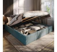 Muralo Cama Tapizada con Canapé 180x200 cm - Turquesa | Somier de láminas y canapé abatible, cabecero acolchado tapizado en terciopelo resistente, se entrega sin colchón