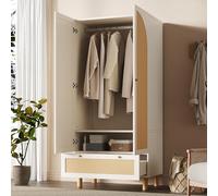 MURUL Armario con 2 puertas y ratán, estilo rústico, color blanco, con cajón grande, estantes ajustables en altura y barra para ropa, incluye protección antivuelco, 180 x 85 x 52 cm (alto x ancho x