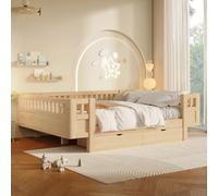 MURUL Cama con plataforma de alta rejilla protectora, dos cajones grandes, 140 x 200, color madera