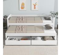 MURUL Cama de día corredera con ruedas inferiores, individual y doble, con 2 cajones de MDF, marco de madera maciza, blanco (200 x 90 cm/190 x 90 cm)