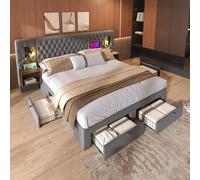 MURUL Cama tapizada para cama doble, 180 x 200 cm, para dormitorio, juego completo con 2 mesitas de noche y 4 cajones, color gris, terciopelo, sin colchón