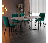 MURUL Juego de comedor (5 piezas): 140 × 80 cm mesa de comedor moderna con 4 sillas, patas de metal negro, tablero de fibra de densidad media gris, sillas de comedor de terciopelo verde oscuro