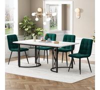 MURUL Juego de comedor (5 piezas): 140 × 80 cm mesa de comedor moderna con 4 sillas, patas de metal negro, tablero de fibra de densidad media blanco, verde oscuro sillas de comedor de terciopelo