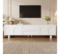MURUL Mueble de TV moderno con forma redondeada, mueble bajo para TV, salón, puertas, cajones, diseño minimalista, aparador con espacio de almacenamiento, color blanco