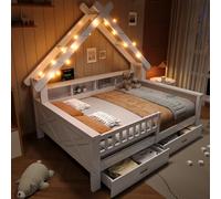 MURUL Plataforma de cama de madera con forma de casa, 140 x 200 cm, con estantes, cajones, rejilla protectora, color blanco