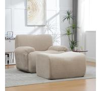 MURUL Sillón de chenilla con taburete, color caqui claro, 2 en 1, juego de sillón relax 2 en 1, sin montaje, envasado al vacío, espuma elástica 30D, sillón compacto para salón y espacios pequeños