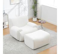 MURUL Sillón de chenilla con taburete de color marfil, 2 en 1, juego de sillón relax 2 en 1, sin montaje, embalaje al vacío, espuma elástica 30D, sillón compacto para salón y espacios pequeños