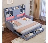 MURUL Sofá cama multifuncional extensible de madera con cajones, estantes, armarios, compartimentos abiertos, cama de invitados, color gris