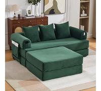 MURUL Sofá de compresión modular de pana verde esmeralda, con taburete, marco de metal resistente, bolsillo lateral y 3 cojines cómodos, acolchado extra grueso, se puede combinar libremente, versátil