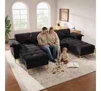 MURUL Sofá esquinero en forma de U, diseño modular de 4 plazas con aspecto de nube, cojines de espuma doble, 2 sillas, 2 almohadas, patas de metal dorado, tapicería de chenilla, ideal para sala de