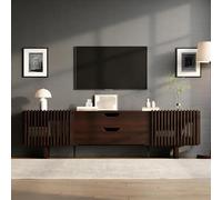 MURUL Soporte de TV en nogal oscuro, 2 cajones, puertas de armario únicas, mueble de TV, armarios bajos, armario de salón, mueble de televisión, para televisores de hasta 75 pulgadas, 180 x 40 x 45 cm