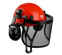 Mustbau Casco de Seguridad para Motosierra, Casco de Protección con Orejeras y Visera de Malla, 53 a 63cm Diadema Ajustable Adecuado para Silvicultura, Obras, Trabajo - Rojo