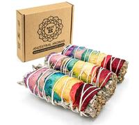 MUT22 3 Salvia Blanca con Pétalos 7 Chakras, 10,5 cm | 3 atados | Salvia Blanca con pétalos 7 Chakras | 10,5 cm aprox. | Presentación colorida para meditación y altar