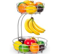 Mutool Cesta de frutas, cuenco de frutas de 2 niveles con colgador de plátano, estante de frutas para encimera de cocina, cuencos de frutas y verduras de metal, aperitivos, cupcakes (plata)