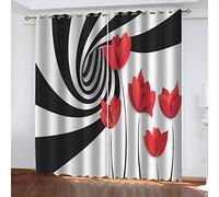 MXYHDZ Cortinas Opacas de Salon - Líneas blancas y negras flores rojas Impresión 3D, Dormitorio Aislantes Termicas con Ollaos - 150 x 166 cm para Oficina y salón, Dormitorio habitación de los niños, 2