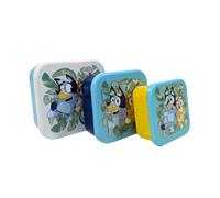 My sweety pop Bluey - Juego de 3 cajas de aperitivos, lonchera apilable de 4.5 pulgadas, niños, guardería, guardería, escuela, vacaciones, amarillo/azul/blanco
