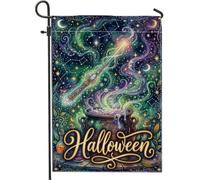 Mystical Witchy - Bandera de jardín de caldero de Halloween de 12 x 18 | Tema de brujería, bandera de césped, varita mística, fondo estrellado cósmico, letras cursivas, decoración de jardín al aire