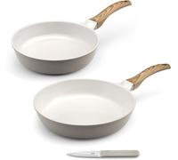 - Mythic: Set de utensilios de cocina para carne y pescado. Incluye sartén de 24/28 cm y cuchillo para verduras. Revestimiento cerámico blanco. Mango firme con acabado que imita la madera. Sin ni