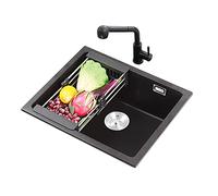MYUYEE Fregadero de cocina, cuenco individual negro de piedra de cuarzo con fregadero instalado en la parte inferior, grifo de agua fría y caliente (B 68 x 44 x 21 cm)