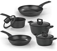 N8WERK Juego de ollas y sartenes de Aluminio Fundido Edición Medianoche | 8 Piezas | indicador de Temperatura Que Cambia de Color | Apto para Todo Tipo de cocinas, incluida la inducción