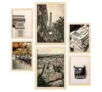 Nacnic - 6 Cuadros Decorativos París Vintage - Impresión Arte Mural Moderno para Colgar Habitaciones Hogar - Lámina Fotografía - A3 y A4. Marco Madera