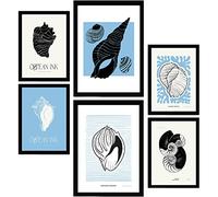 Nacnic Conjunto de 6 Pósters de Tinta Negra Gruesa - Caracolas de Mar - Arte Marino - Decoración de Diseño de Interiores White A3 & A4