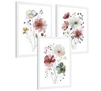 Nacnic Juego De 3 Cuadros De Flores De Acuarela. Laminas Decorativas Pared Flores Coloridas. Poster De Botanico Minimalista. Cuadros Flor Silvestre Para Salón Y Dormitorio Tamaño A4 Marco Blanco
