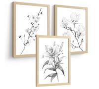 Nacnic Juego De 3 Cuadros De Flores Dibujo. Laminas Decorativas Pared A Lapiz. Poster De Pared Botanico Minimalista. Cuadros Noridco Para Salón Y Dormitorio. Tamaño A4 Marco Madera Clara