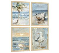 Nacnic Juego De 3 Cuadros De Playa, Mar, Golondrina, Atardecer. Decoracion De Pared De Arte. Dia De Mar. Laminas Decorativas Pared Baño, Cocina,Salón Y Dormitorio. Tamaño A4 Marco Madera Clara