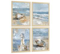 Nacnic Juego De 4 Cuadros De Playa, Mar, Costa Azul, Faro, Barca. Decoracion De Pared De Arte. Dia De Mar. Laminas Decorativas Pared Baño, Cocina,Salón Y Dormitorio. Tamaño A3 Marco Madera Clara