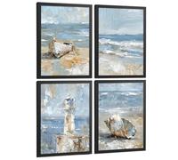 Nacnic Juego De 4 Cuadros De Playa, Mar, Costa Azul, Faro, Barca. Decoracion De Pared De Arte. Dia De Mar. Laminas Decorativas Pared Baño, Cocina,Salón Y Dormitorio. Tamaño A4 Marco Negro
