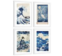 Nacnic Juego De 4 Laminas Decorativas Pared Estilo Japon. Cuadros Salon Modernos - Posters Decorativos Azules Orientales. Arte Japones. Decoración Dormitorios. A4 Marco Blanco