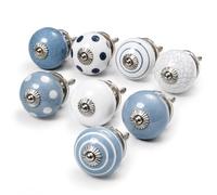 Nacnic Juego de 8 pomos de cerámica en blanco y gris, pintados a mano con diferentes diseños. Tiradores artesanales para armarios, cajoneras, cómodas y colgadores. Pomos clásicos de 40mm diámetro.