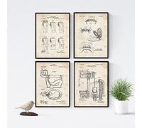 Nacnic - Pack 4 Láminas de Patentes Cuarto de Baño, Aseo | Set Pósters con Inventos y Planos de Objetos Antiguos | Cuadro con Dibujos de Cisterna, Inodoro, Vater, WC y Papel Higiénico