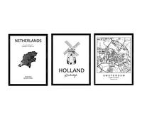Nacnic - Pack de Posters de Países y Monumentos - Mapa Ciudad Amsterdam - Monumento Kinderdijk - Mapa Holanda Black A4
