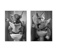 Nacnic Set de 2 Cuadros de Animales con Periódico en el Inodoro, Toro, Zorro, Blanco y Negro, Ilustración Impresa en Estilo B/N para Decorar las Paredes del WC, Cuarto de Baño, Aseo, WC A4 Marco Negro