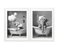 Nacnic Set de 2 Cuadros de Elefantes en la Bañera en Blanco y Negro con Simpáticos Animales, Ilustración impresa para decorar las paredes del Inodoro, Ducha, Cuarto de baño, Aseo, WC A4 Marco Blanco