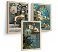 Nacnic Set De 3 Laminas Decorativas Baño Cuadros Poster Elegantes Para Pared Lavabo Ducha Wc Y Aseo Decoracion Vintage Con Grifo Espejo Y Ducha Dorada Estilo Clasico A3 Marco Madera Clara