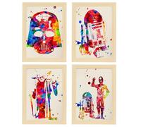 Nacnic Set de 4 láminas Star Wars estilo acuarela. Carteles decorativos de La Guerra de las Galaxias en papel de 250g. Tamaño A3 con marco de madera clara.