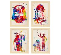 Nacnic Set de 4 láminas Star Wars estilo acuarela. Carteles decorativos de La Guerra de las Galaxias en papel de 250g. Tamaño A4 con marco de madera clara.