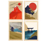 Nacnic Set de 4 Pósters de Japón Templos. Láminas e Ilustraciones con Estética Oriental. Diseño y Decoración de Interiores. A4 con marco color madera.